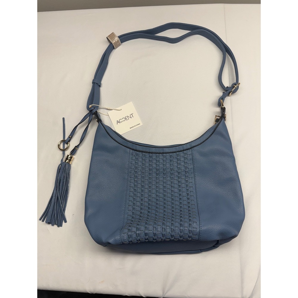 Accent Blue Pebbled Vegan Leather Woven Hobo Shoulder Bag with Tassel Charm